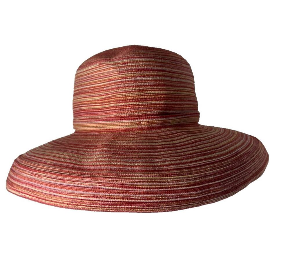 Scala Collezione Womens Wide Brim Sun Hat OS Coral Pink Striped Bow Resort